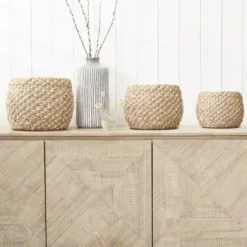 Pacific Lifestyle Set Of 3 Plaited Natural Seagrass & Palm 2-Toned Round Baskets