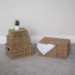 JVL Seagrass Set Of 4 Storage Baskets With Lids