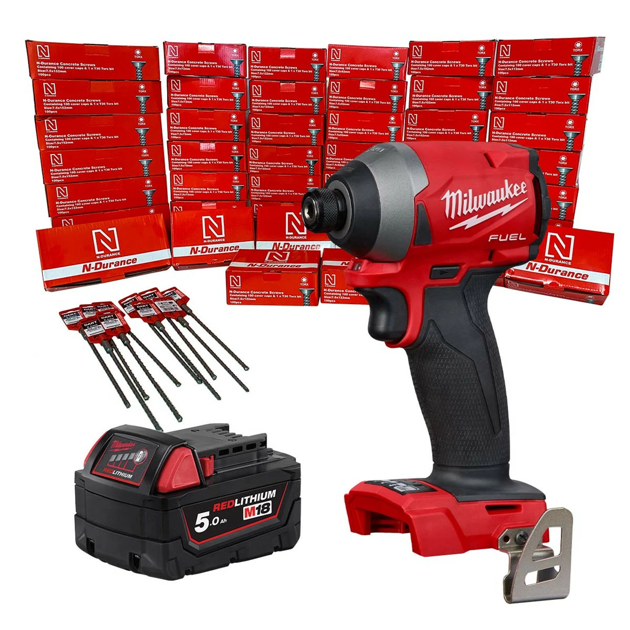 Milwaukee M18 FID2-0X 18V Impact Driver With 1x 5.0Ah Battery & Concrete Frame Screw Pack, 72 - 152mm (5000 Mixed Pack) - Image 2
