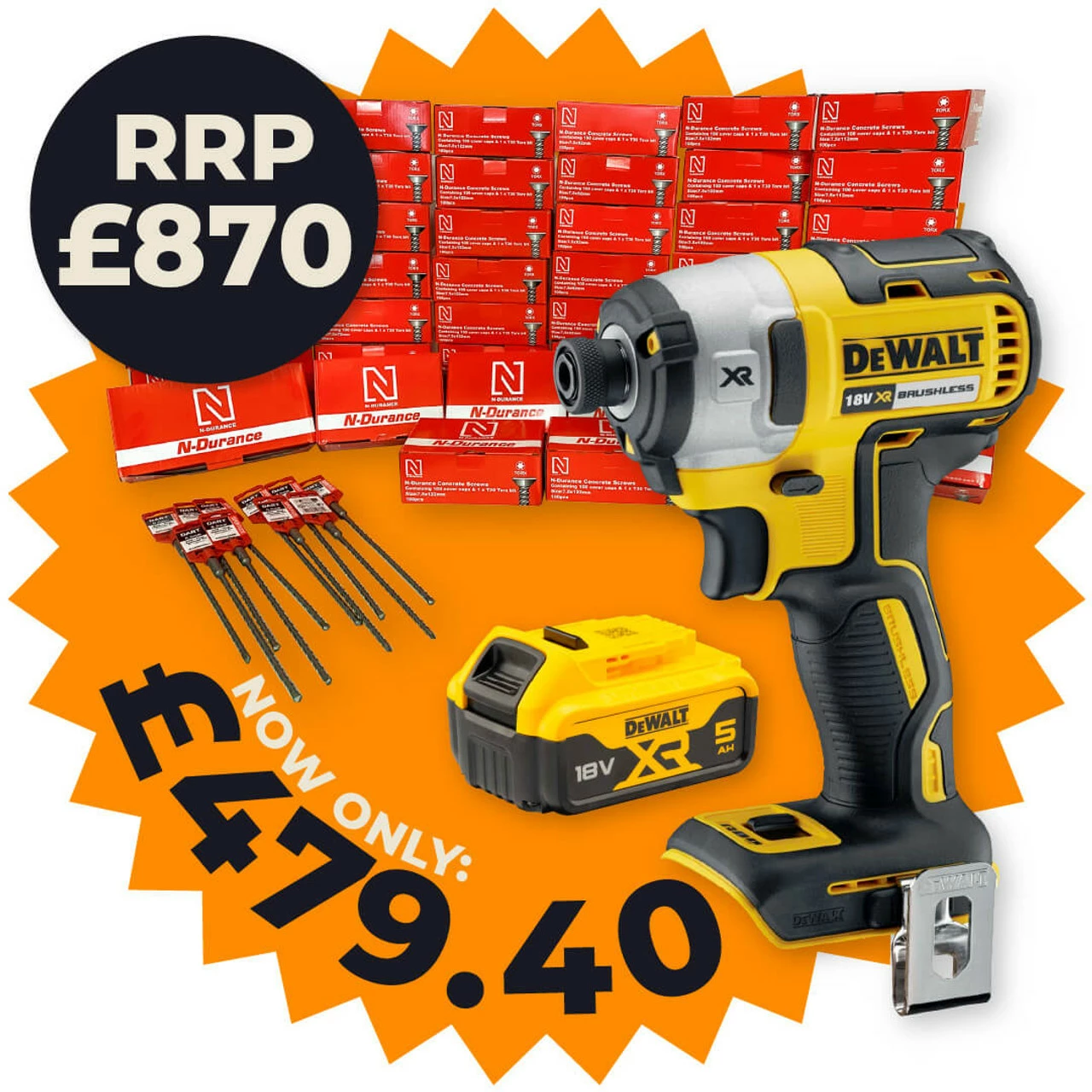 DeWalt DCF887N 18V Impact Driver With 1x 5.0Ah Battery & Concrete Frame Screw Pack, 72 - 152mm (5000 Mixed Pack)