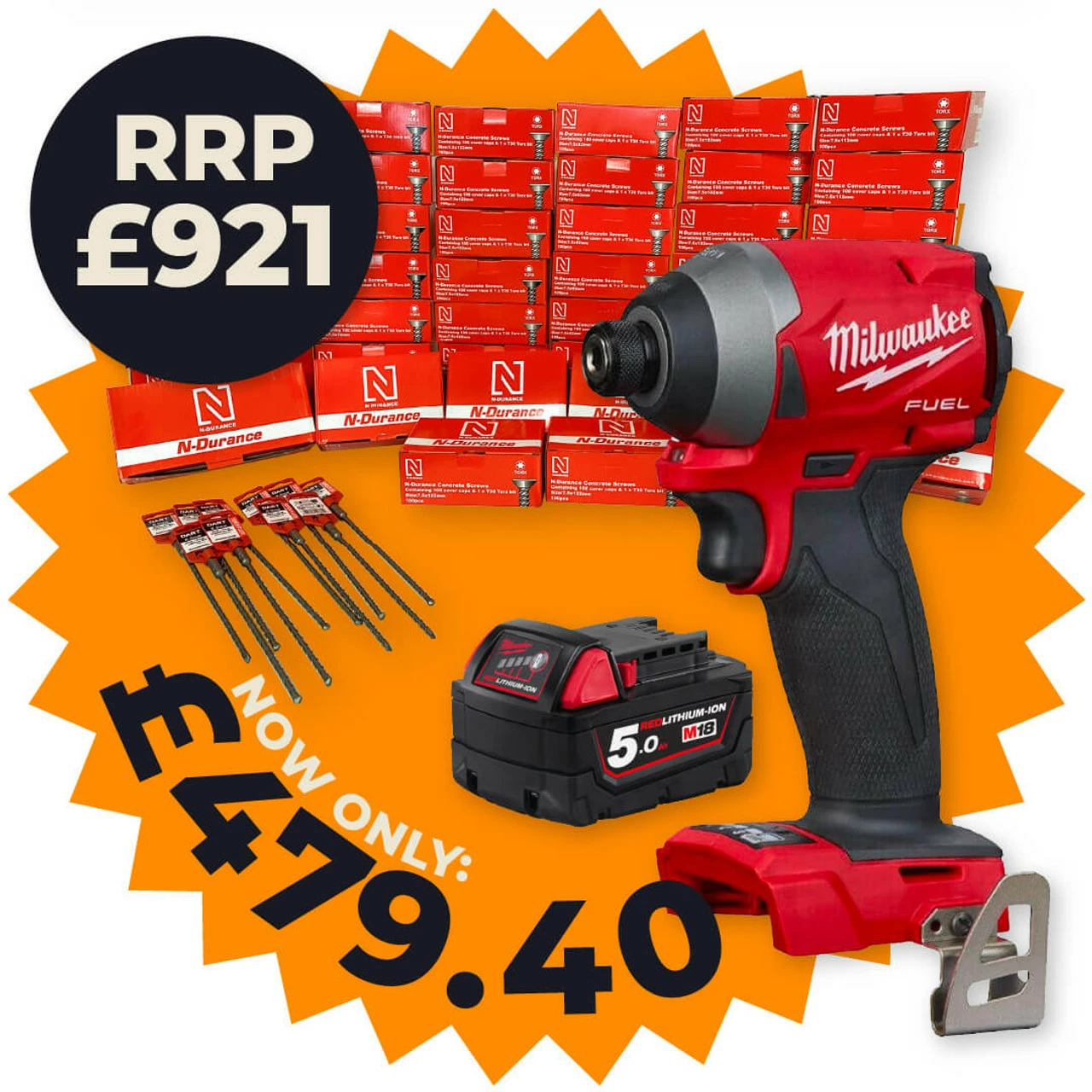 Milwaukee M18 FID2-0X 18V Impact Driver With 1x 5.0Ah Battery & Concrete Frame Screw Pack, 72 - 152mm (5000 Mixed Pack)