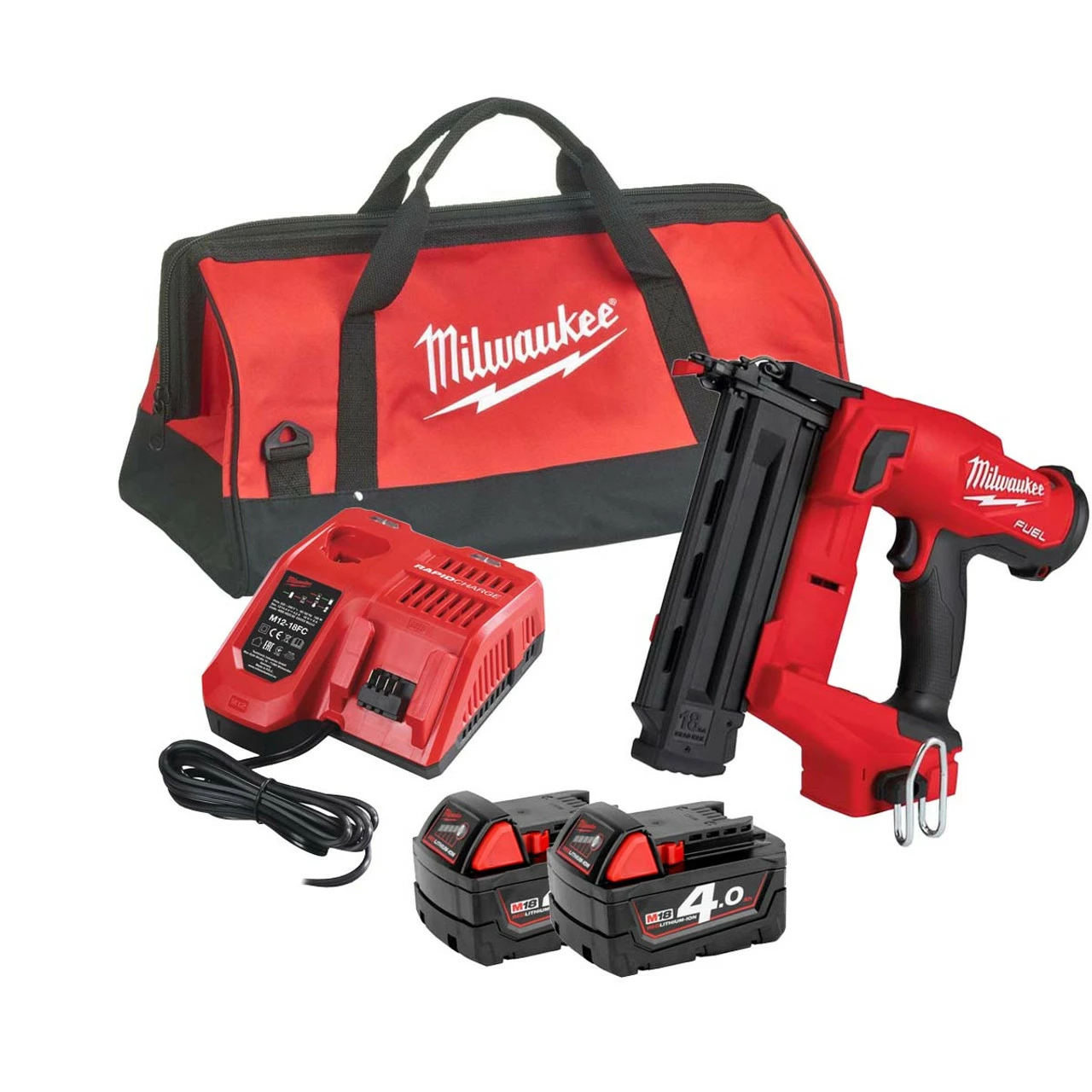 Milwaukee M18 FN18GS-402X 18V Fuel Straight Second Fix Nail Gun With 2x 4.0Ah Batteries